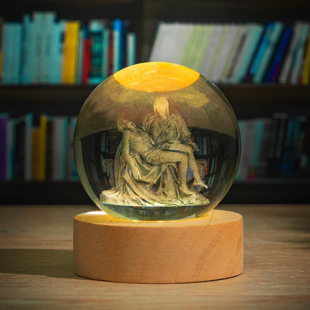 Esfera de cristal K9 con imagen religiosa grabada en 3D con láser