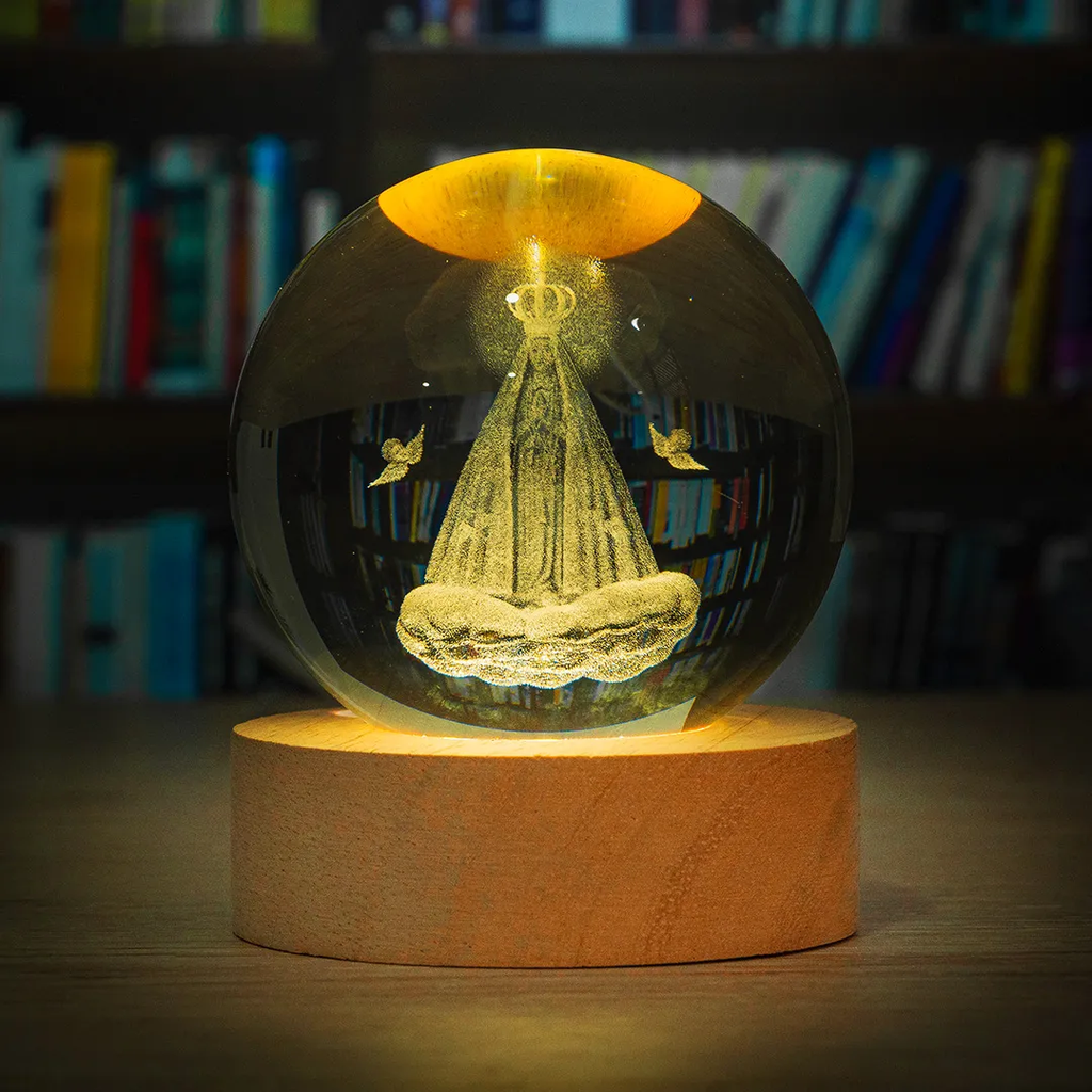 Esfera de cristal con grabado 3D de imagen sagrada y base con luz LED